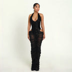 Women's Sequin Mesh Halter Cutout Bodycon Maxi Dress