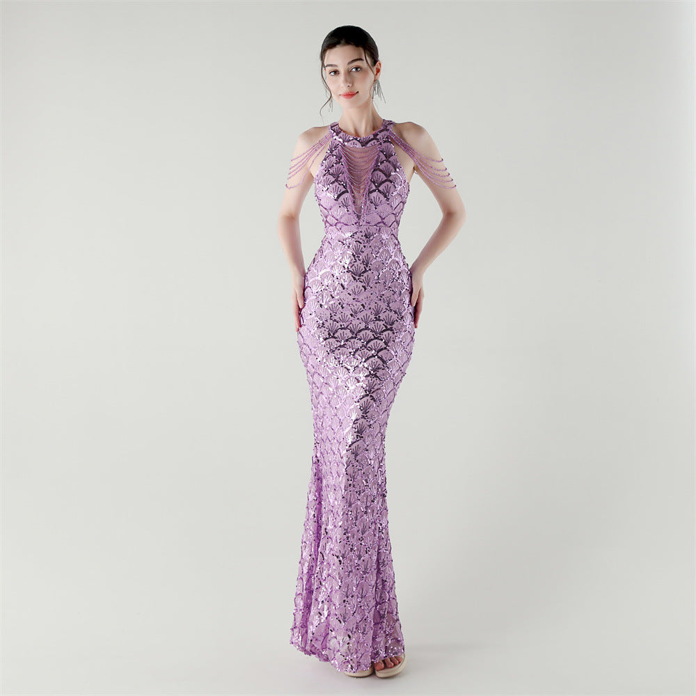 Embellished Thin Chain Decorative Fishtail Dress Sequined Evening Dress Light Luxury Minority Cocktail Ceremony