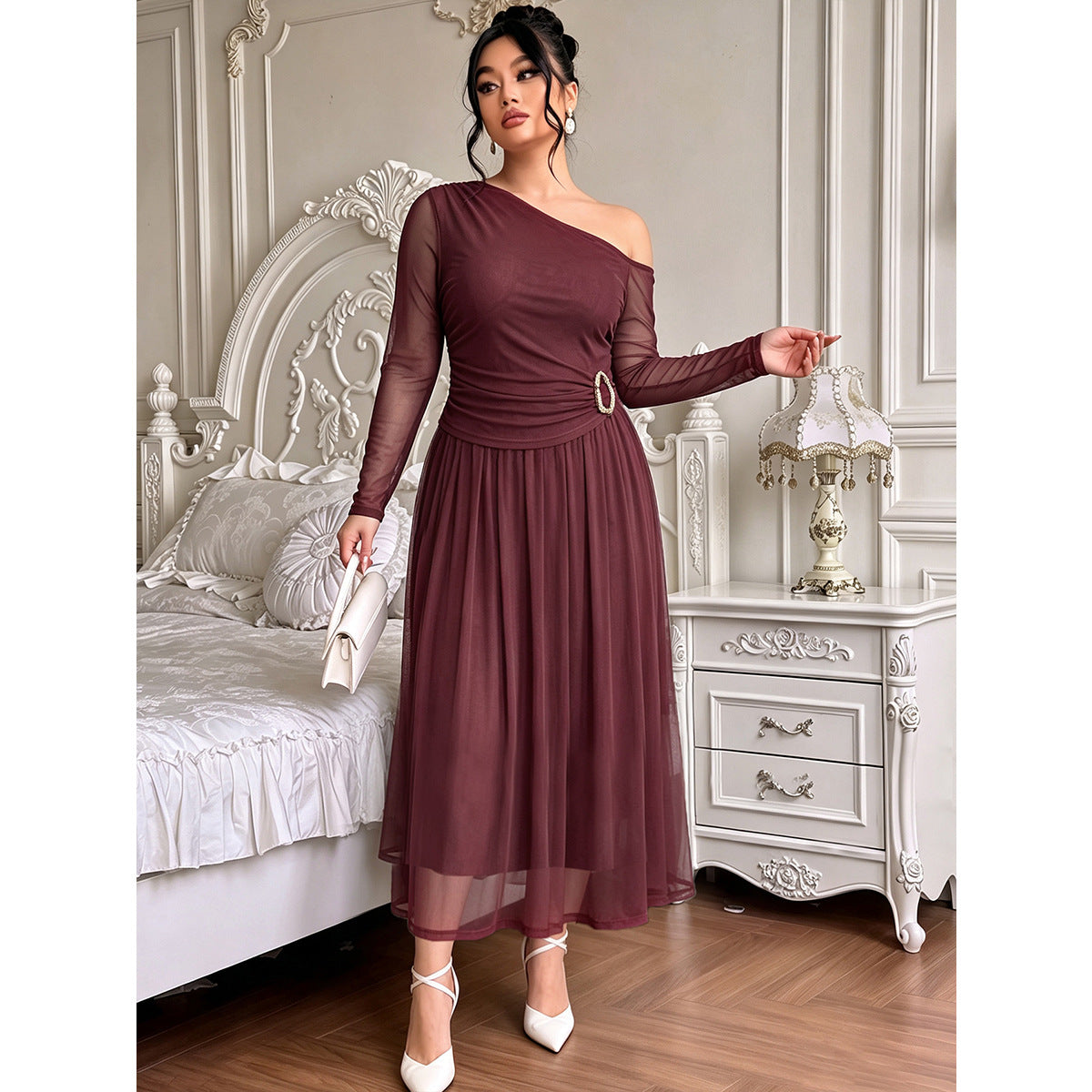 Plus Size Burgundy One-Shoulder Mesh Midi Dress