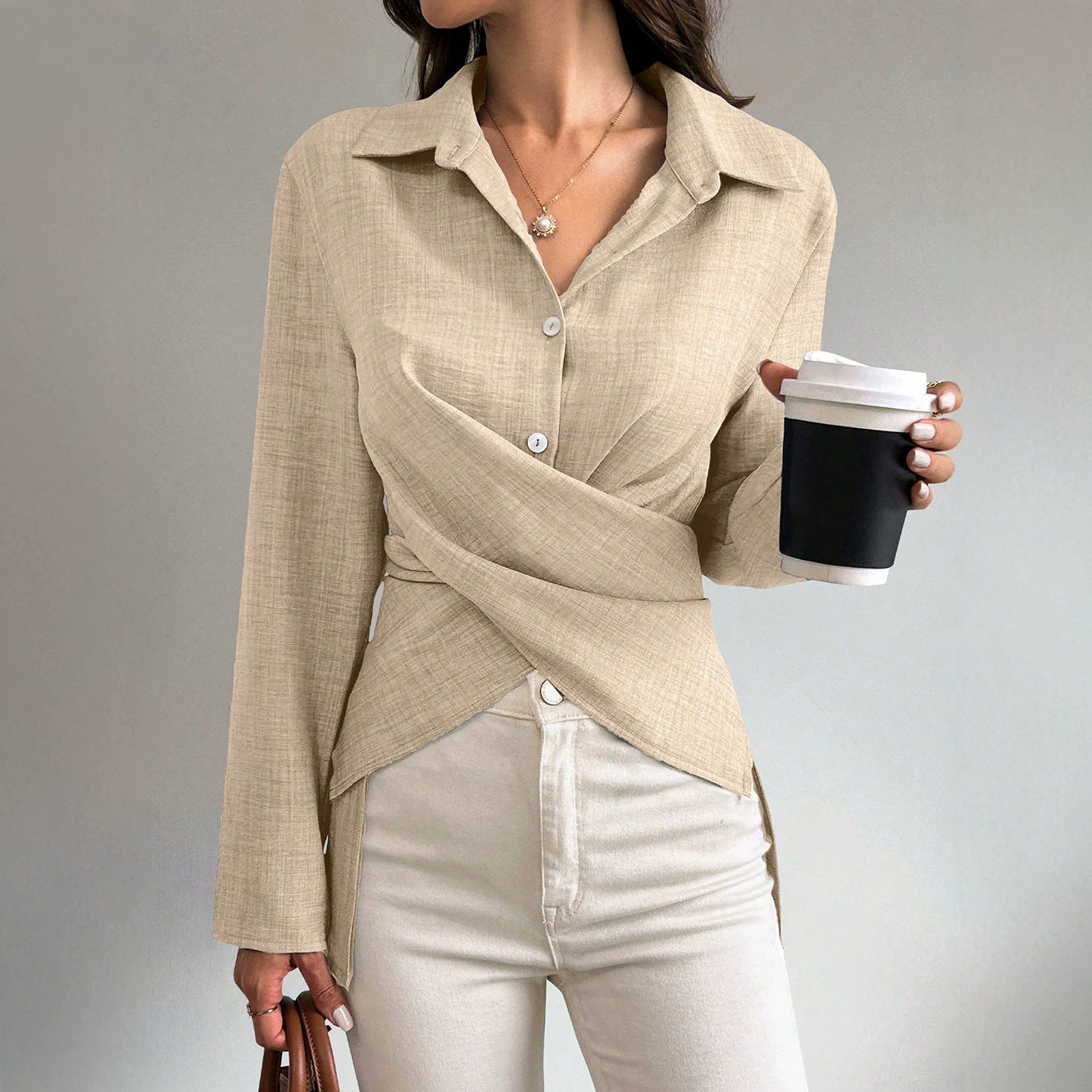 Women Long Sleeved Shirt A Collared Tied Slim Fit Office