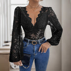 V Neck Long Sleeve Lace Jumpsuit