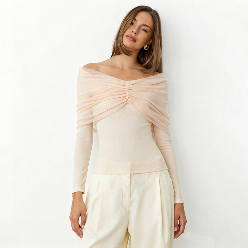 Women's Off-Shoulder Pleated Long-Sleeve Top