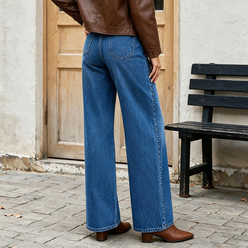 Women's Rivet Wide-Leg High-Waist Jeans