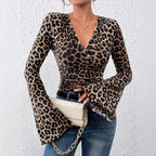 Leopard Layered V-Neck Bell Sleeve Knit Top