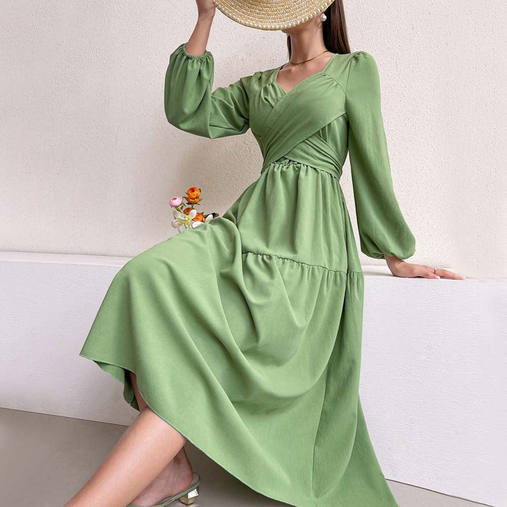 Women's Elegant Youthful Looking Dress Little Fresh V neck Green