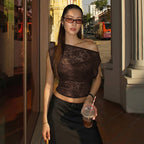 Women's Sheer Lace Diagonal Collar Long Sleeve Top