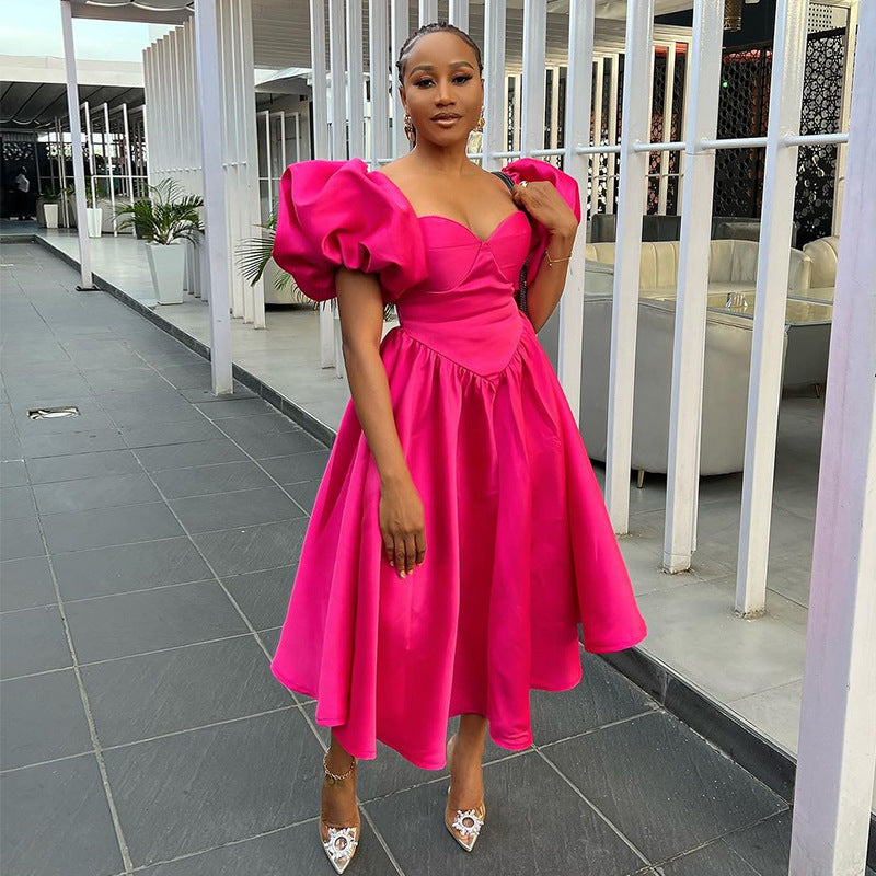 Square-Neck Puff-Sleeve Waist Dress