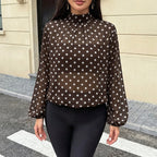 Women's French Lightly Mature Top Autumn See Through Retro Dots Chiffon Long Sleeve Shirt Women