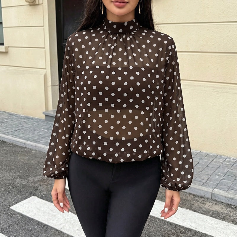 Women's French Lightly Mature Top Autumn See Through Retro Dots Chiffon Long Sleeve Shirt Women