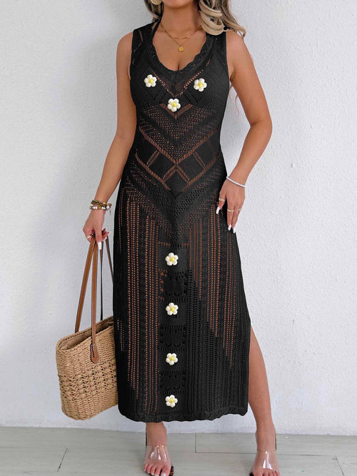 Black sleeveless crochet maxi cover-up with V neck, diamond texture, white flower details