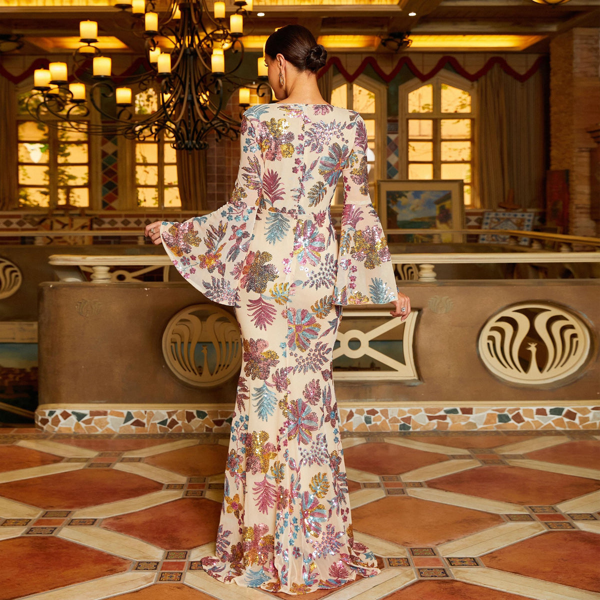 Women's Floral Sequin Long-Sleeve Fishtail Evening Maxi Dress