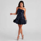 Women's Sexy Sequ Dress Summer One Shoulder Sequined Nightclub Party Dress