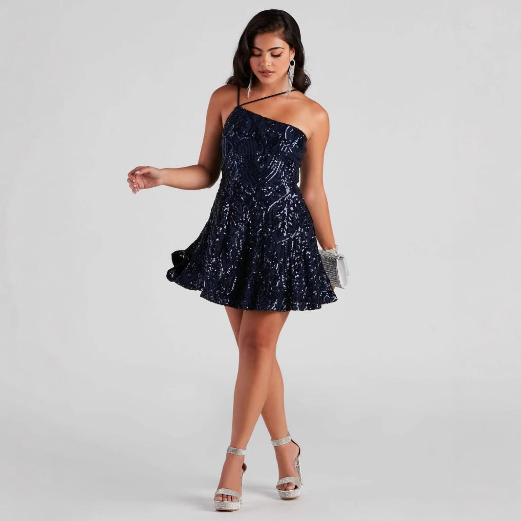 Women's Sexy Sequ Dress Summer One Shoulder Sequined Nightclub Party Dress