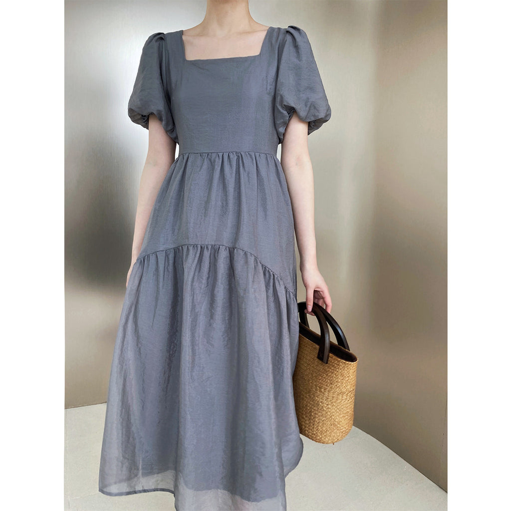 Square-Neck Puff Sleeve High-Waist Net Yarn Mid Length Dress
