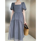 Square-Neck Puff Sleeve High-Waist Net Yarn Mid Length Dress