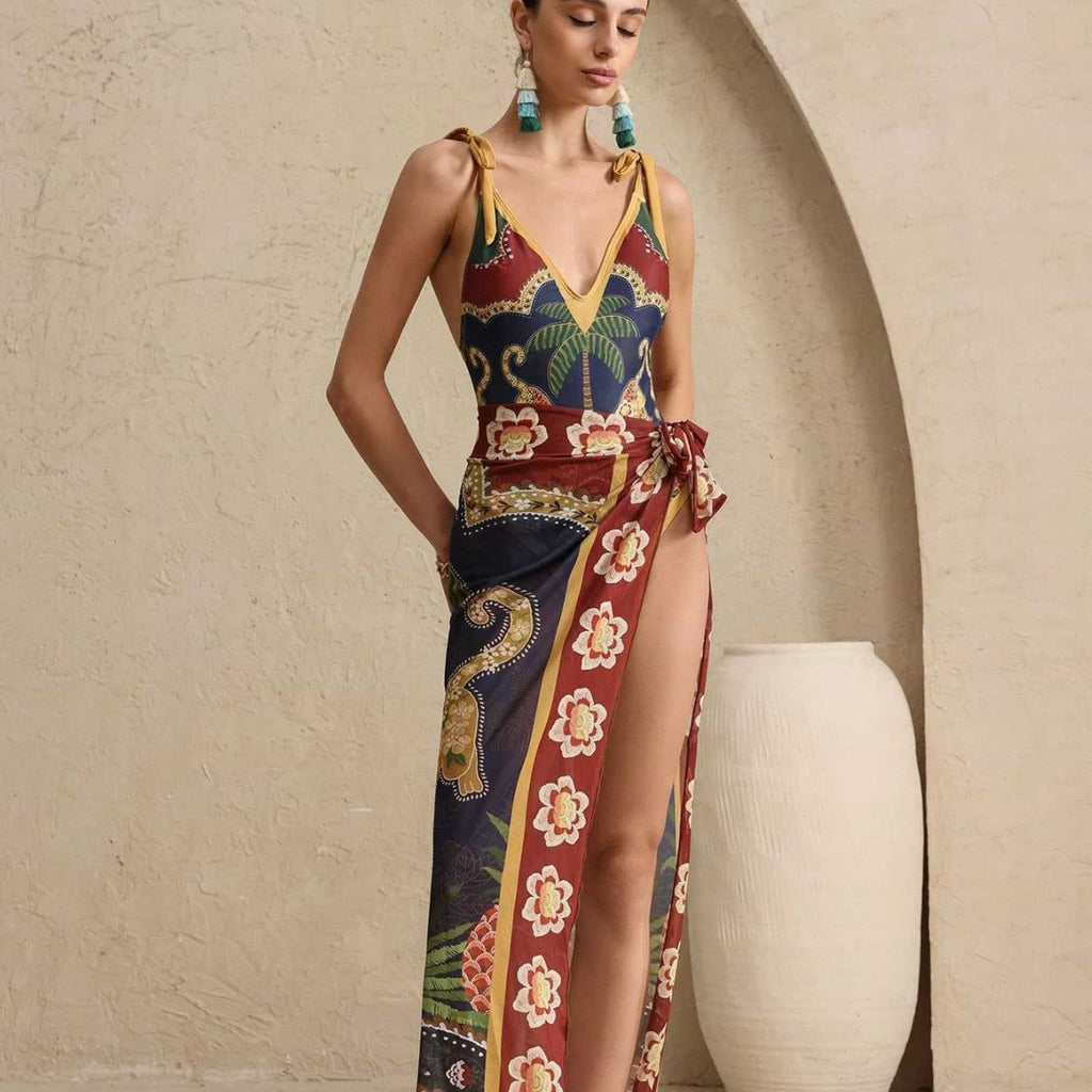 Women's Printed Slit Swimsuit Set