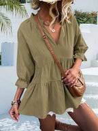 Women's Pleated V-Neck Short Top – Relaxed Blouse