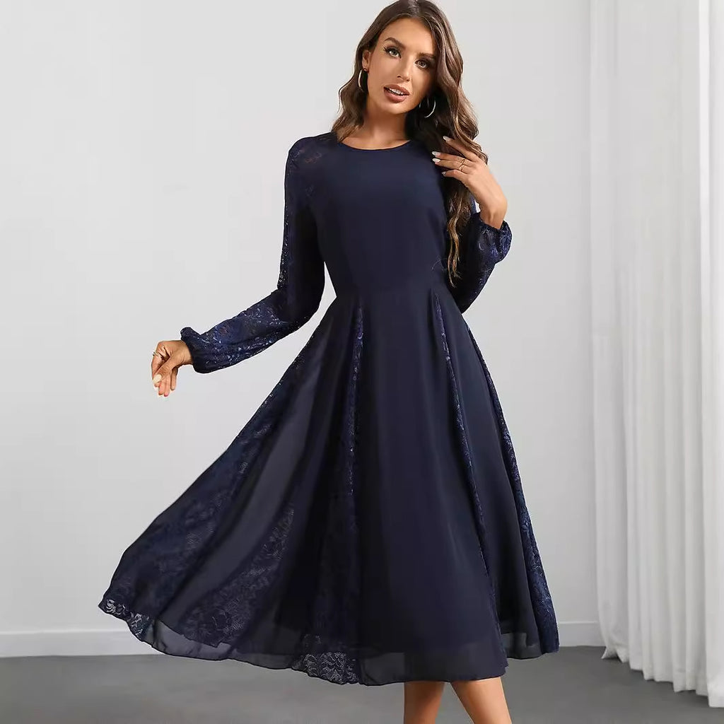 Lace Long-Sleeve Crew-Neck A-Line Midi Dress