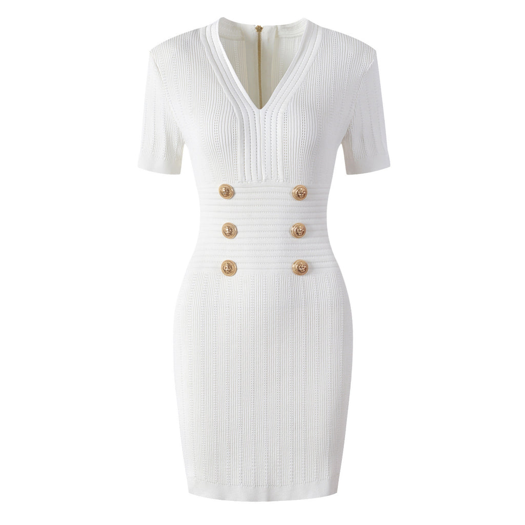 Goods High Quality Knitted Fabric V-Neck Slim Fit Short Sleeve Dress