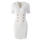 Goods High Quality Knitted Fabric V-Neck Slim Fit Short Sleeve Dress