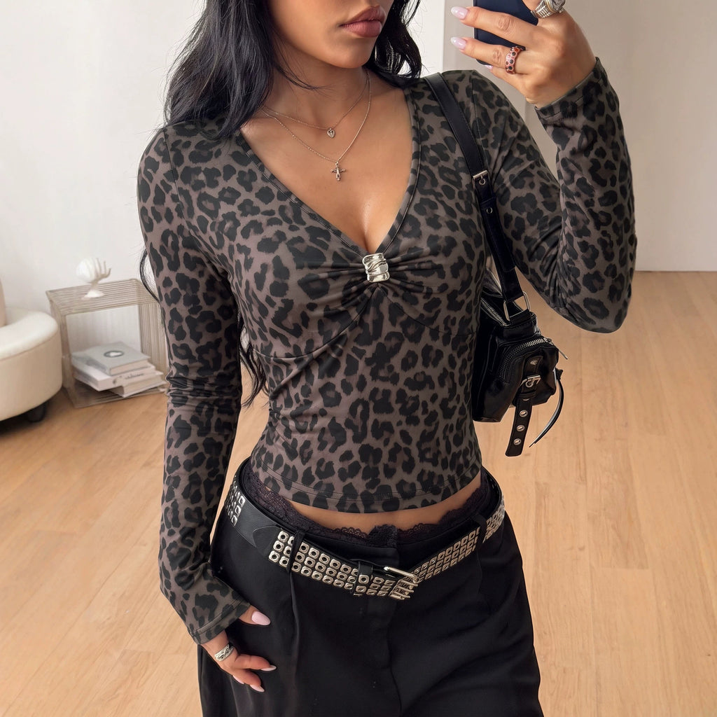 Women's Top V Neck Knot Metal Buckle Leopard Print Slim Fit Slimming Long Sleeves T Shirt