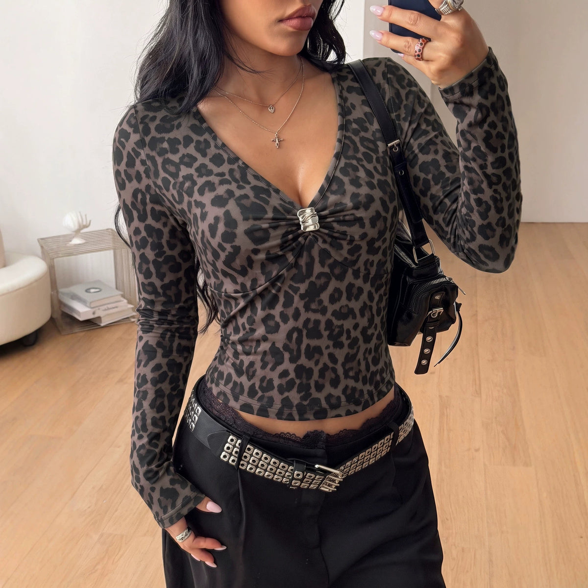 Women's Top V Neck Knot Metal Buckle Leopard Print Slim Fit Slimming Long Sleeves T Shirt