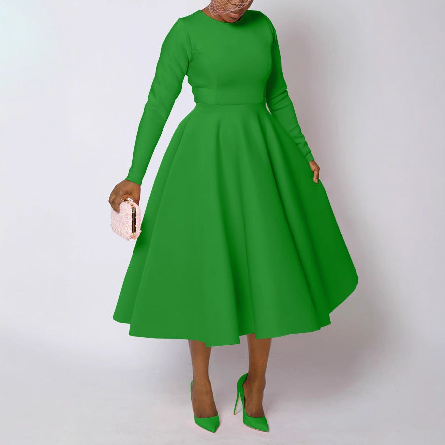Crew-Neck Long-Sleeve A-Line Midi Dress