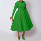 Crew-Neck Long-Sleeve A-Line Midi Dress
