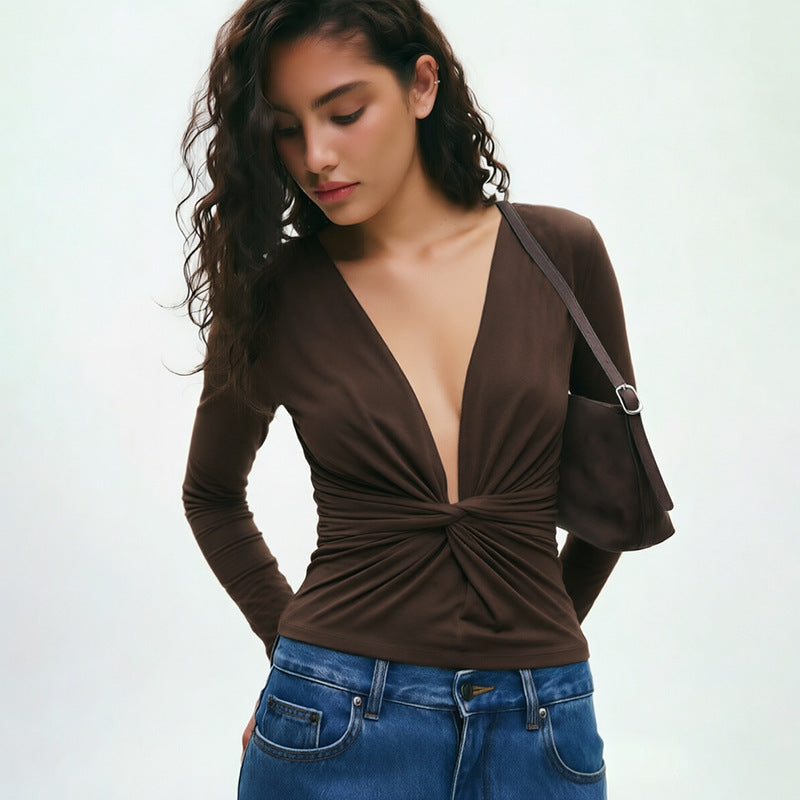 Women's Deep V-Neck Long Sleeve Top