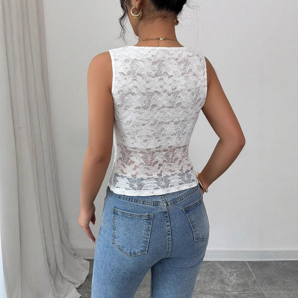 Lace V-Neck Sleeveless Fitted Top