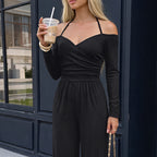 Korean Loose Chi Black off Shoulder Halterneck Long Sleeved Jumpsuit