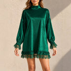 Women's Green Velvet Lace Puff-Sleeve Dress