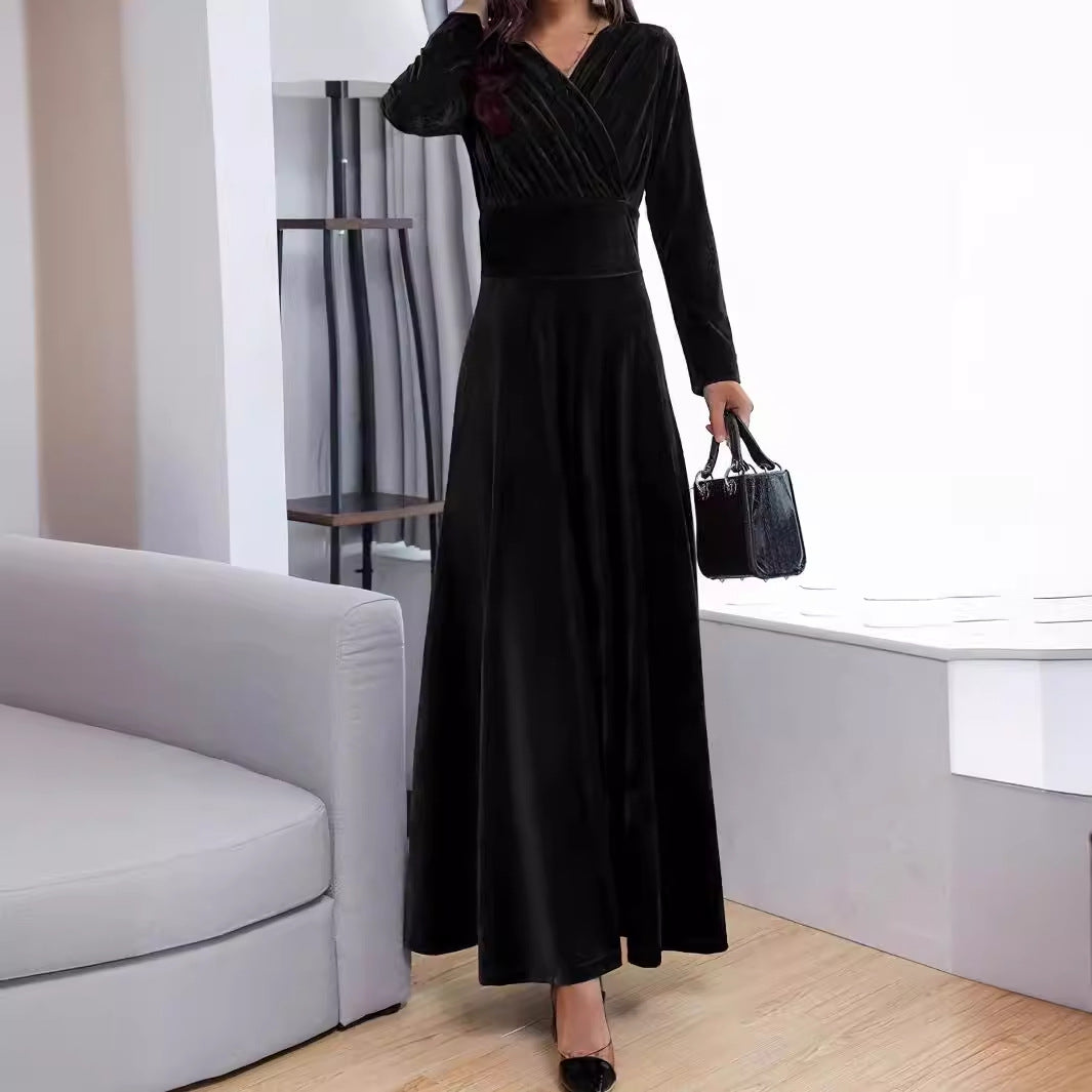 Women's Velvet Ruched V-Neck Maxi Dress
