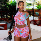 Women's Printed Vacation Travel Sweet Top and Skirt Two-Piece Set