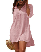 Pink textured V-neck mini dress with long sleeves and button-front placket