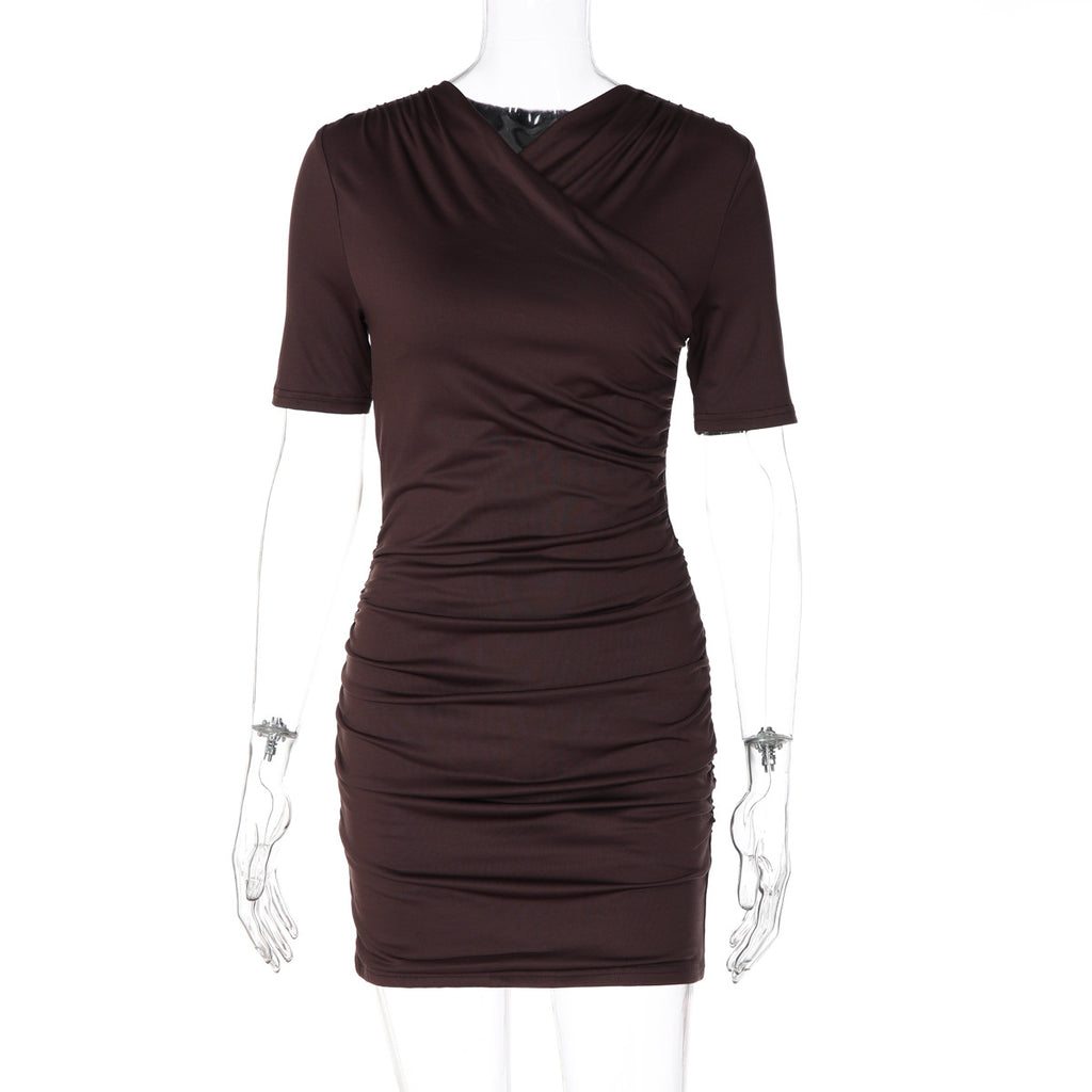 Coffee brown pleated sheath mini dress with V-neck and short sleeves