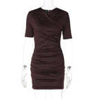 Coffee brown pleated sheath mini dress with V-neck and short sleeves