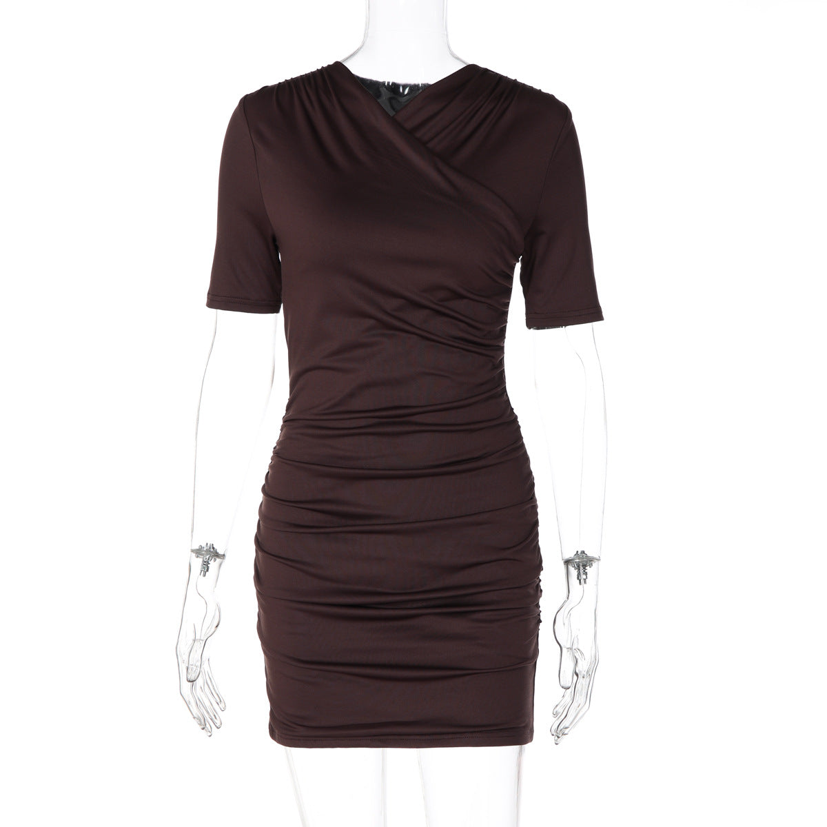 Coffee brown pleated sheath mini dress with V-neck and short sleeves