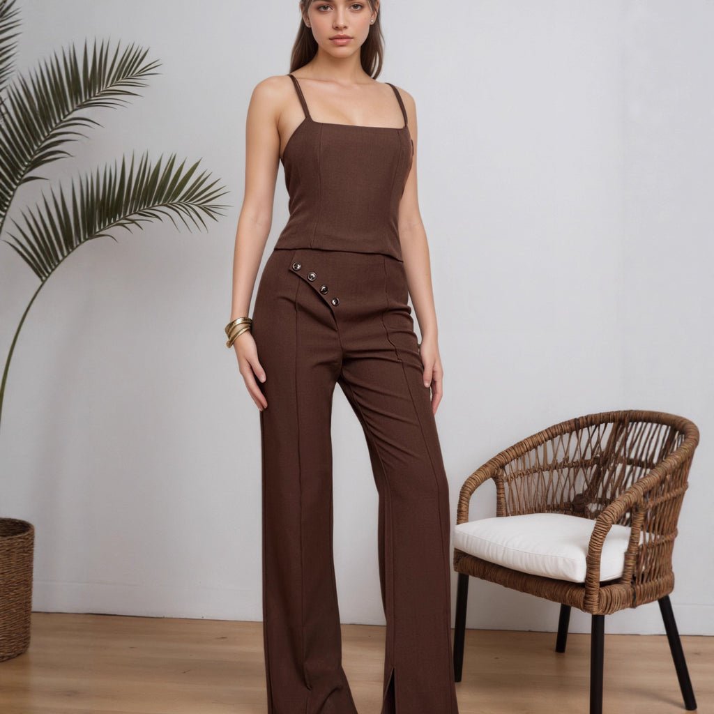 Women Clothing Spring Summer Women Elegant Sleeveless Wide Leg Pants Two Piece Set