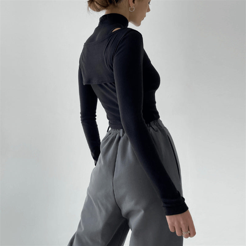 Women’s Black Ribbed Mock Neck Two Piece Crop Set