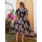 Plus Size V-Neck Summer Floating Sleeve Tight Waist Floral Dress