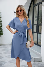 Summer Women's Satin V-Neck Fitted Waist Flare Sleeve Comfortable Dress