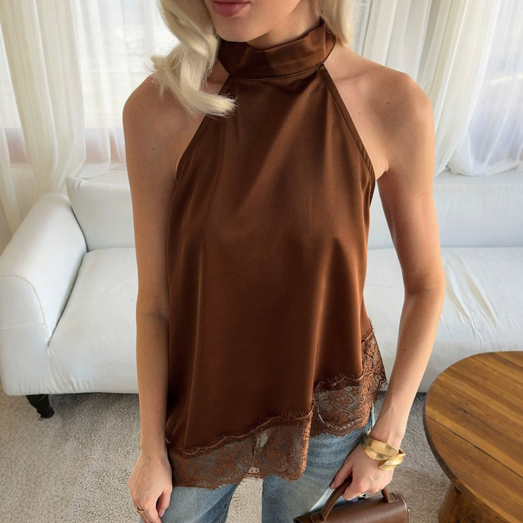 Summer Halter Slim Fit Brown Lace Stitching Satin