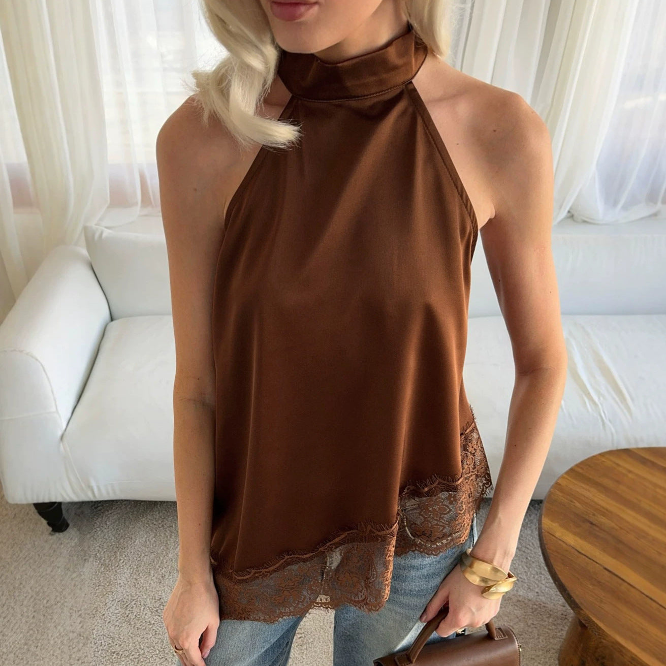 Summer Halter Slim Fit Brown Lace Stitching Satin