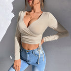 Women's V Neck T Shirt Waist Tied Slim Fit Long Sleeve Bottoming Top