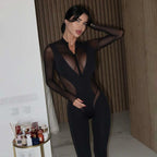 Women's Autumn Winter Women Clothing Sexy Mesh Stitching Sheer Cutout High Necked Long Sleeve Slim Fit Bodysuit