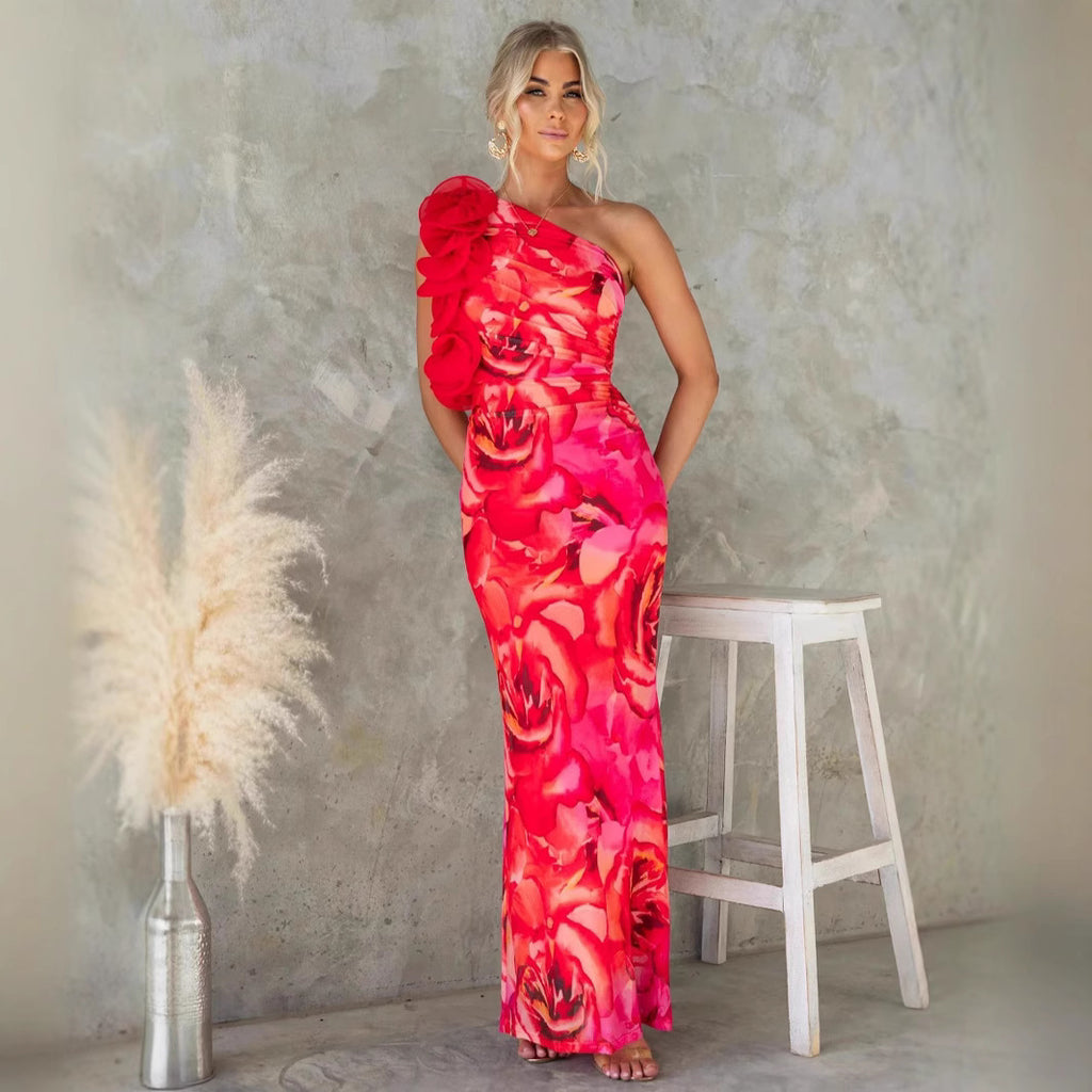 Women's One-Shoulder Printed 3D Ruched Ruffle Dress