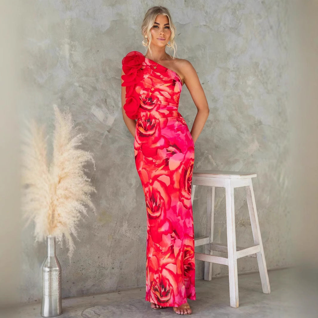 Women's One-Shoulder Printed 3D Ruched Ruffle Dress