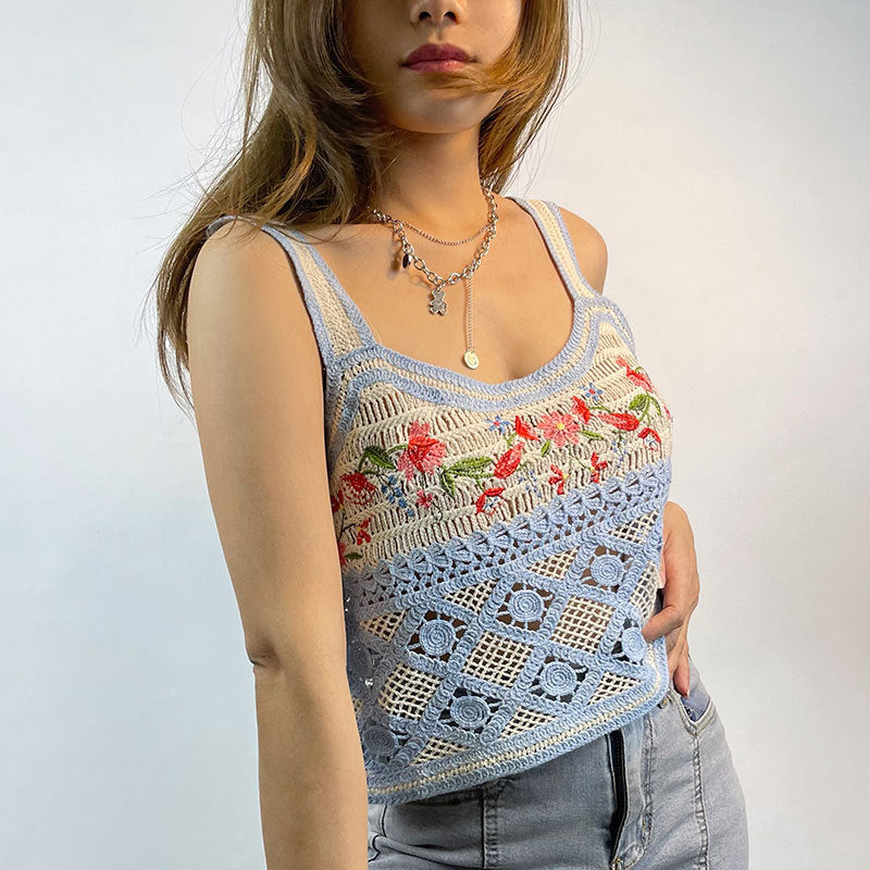 Women's Street Ethnic Vest Embroidery Needle Hollow Out Cutout Woven Camisole Short Slim Top