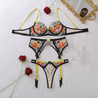 Women's Sheer Floral-Embroidered Mesh Lingerie Set